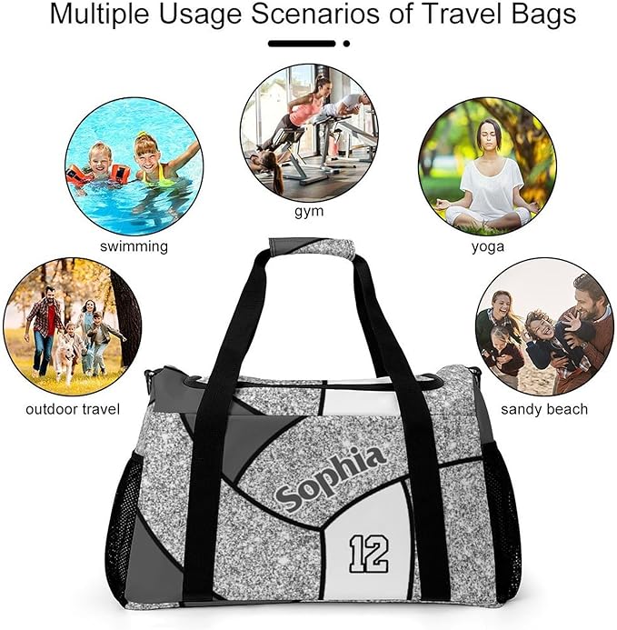 Custom Silver Volleyball Duffel Bag with Name Personalized Travel Bags Sport Gym Bag Carry On Weekender Bags for Men Women
