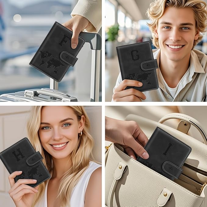 Passport Holder Wallet Cover Personalized Letter A-Z Travel Wallet RFID Blocking Passport Cover Wallet Case for Travel Passport Book Holders for Women and Men, Black-I