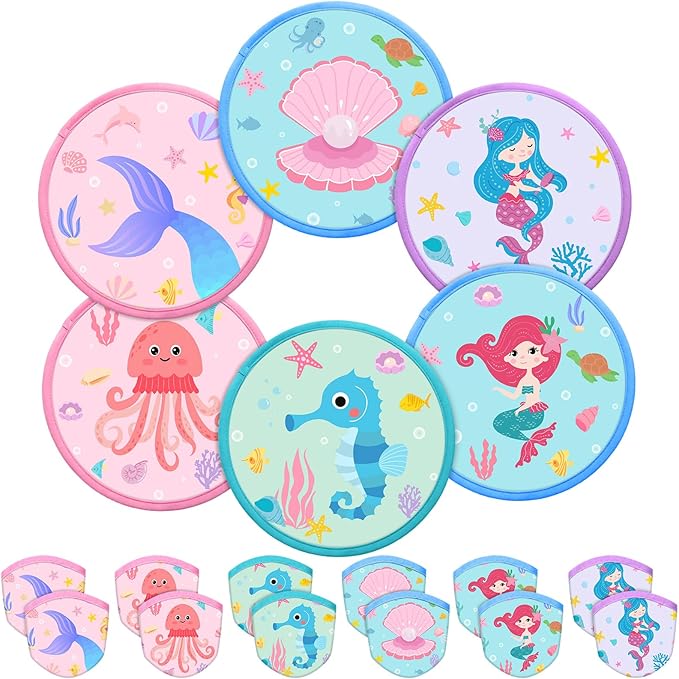 Amyhill 30 Pcs Mermaid Theme Party Favors Foldable Flying Disc Fans with Bags Summer Beach Pool Birthday Party Favors 9.8'' DIY Cooling Fan Colorful Goody Stuffers End of The Year Gifts from Teacher