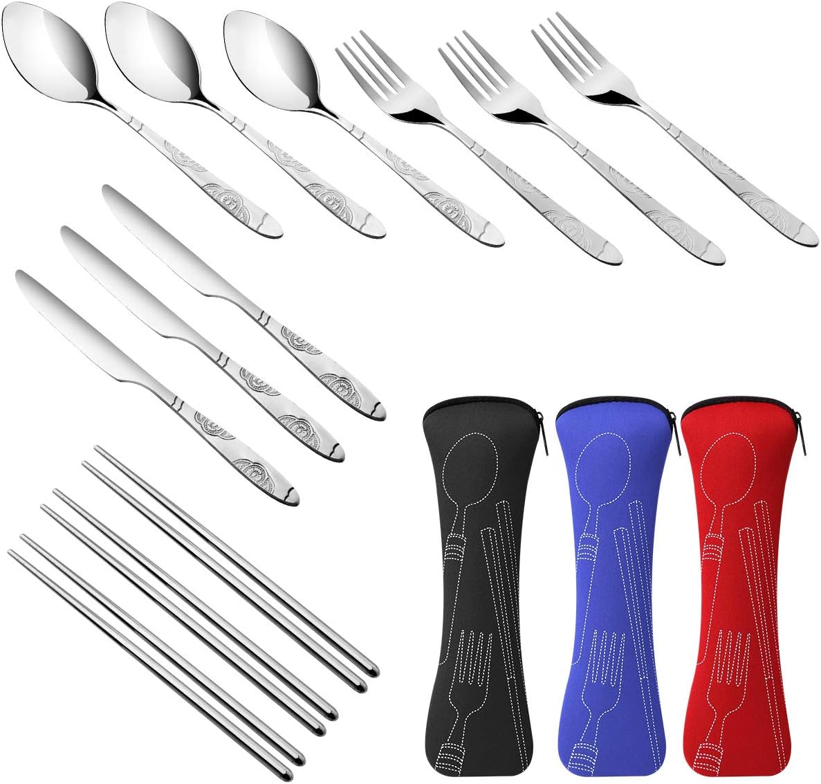 3 Pack Reusable Flatware Sets Knife, Fork, Spoon, Chopsticks, 12Pcs Portable Travel Stainless Steel Tableware Dinnerware with Carrying Case