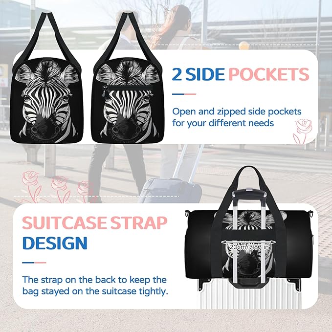 Zebra Travel Duffle Bag for Women Men, Overnight Weekender Bag, Carry on Tote for Sport Gym