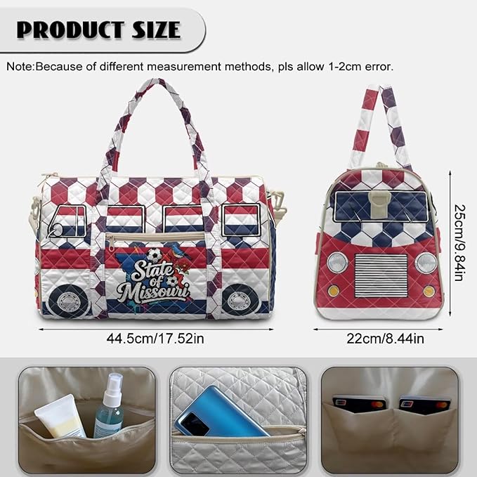 COEQINE Large Quilted Duffle Bag for Travel Men Quilted Tote Bag Large Car Overnight Luggage Bag with Trolley Sleeve,Missouri Van
