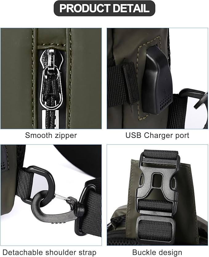 SEAFEW Small Sling Crossbody Backpack Shoulder Bag for Men, Lightweight One Strap Backpack Sling BacK pack for Hiking Walking Biking Travel Cycling USB Charger Port-Nylon (Olive Green)