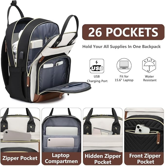 Laptop Backpack for Women College Bookbag - 17.3 Inch Fashion Travel Work Bag with USB Charger Anti-theft Business Backpacks for Nurse Teacher Beige Black Brown