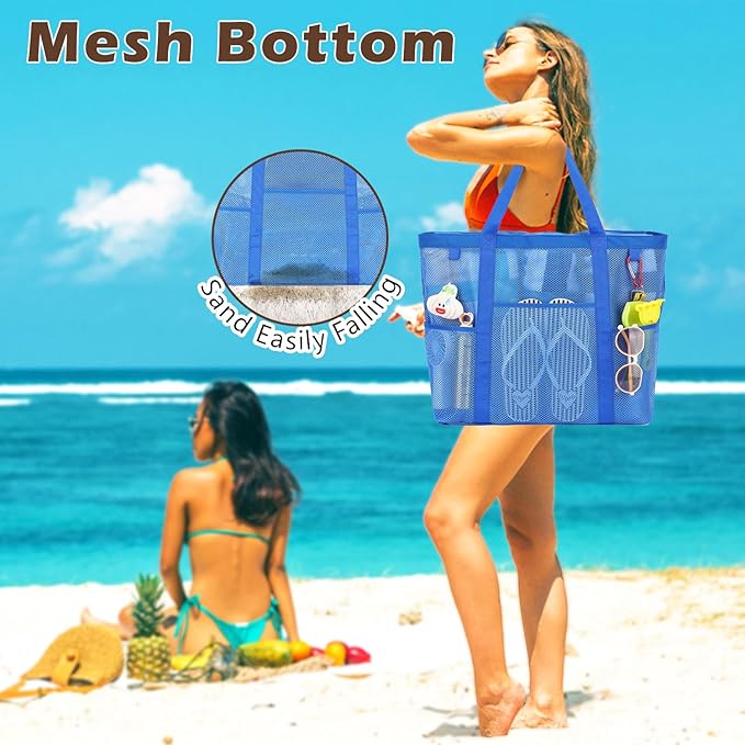 Mesh Beach Bag with Zipper, Large Beach Tote for Women, Toys Pool Swim Bag Travel Vacation Cruise Essentials