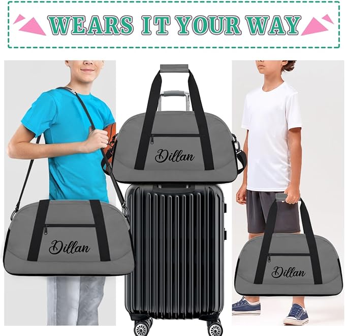 Custom Name Gym Duffel for Kids,Personalized Sports Bag Lightweight Gym Bags for Boys & Girls,Fitness Travel Weekender for Travel, and Workout Gray