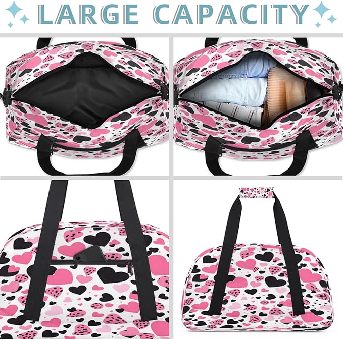 Pink And Black Leopard Print Hearts Sports Duffel Bags, Water-Resistant Gym Duffle Bag for Men Women, Lightweight Weekender Overnight Bag for Fitness, Workout, Travel