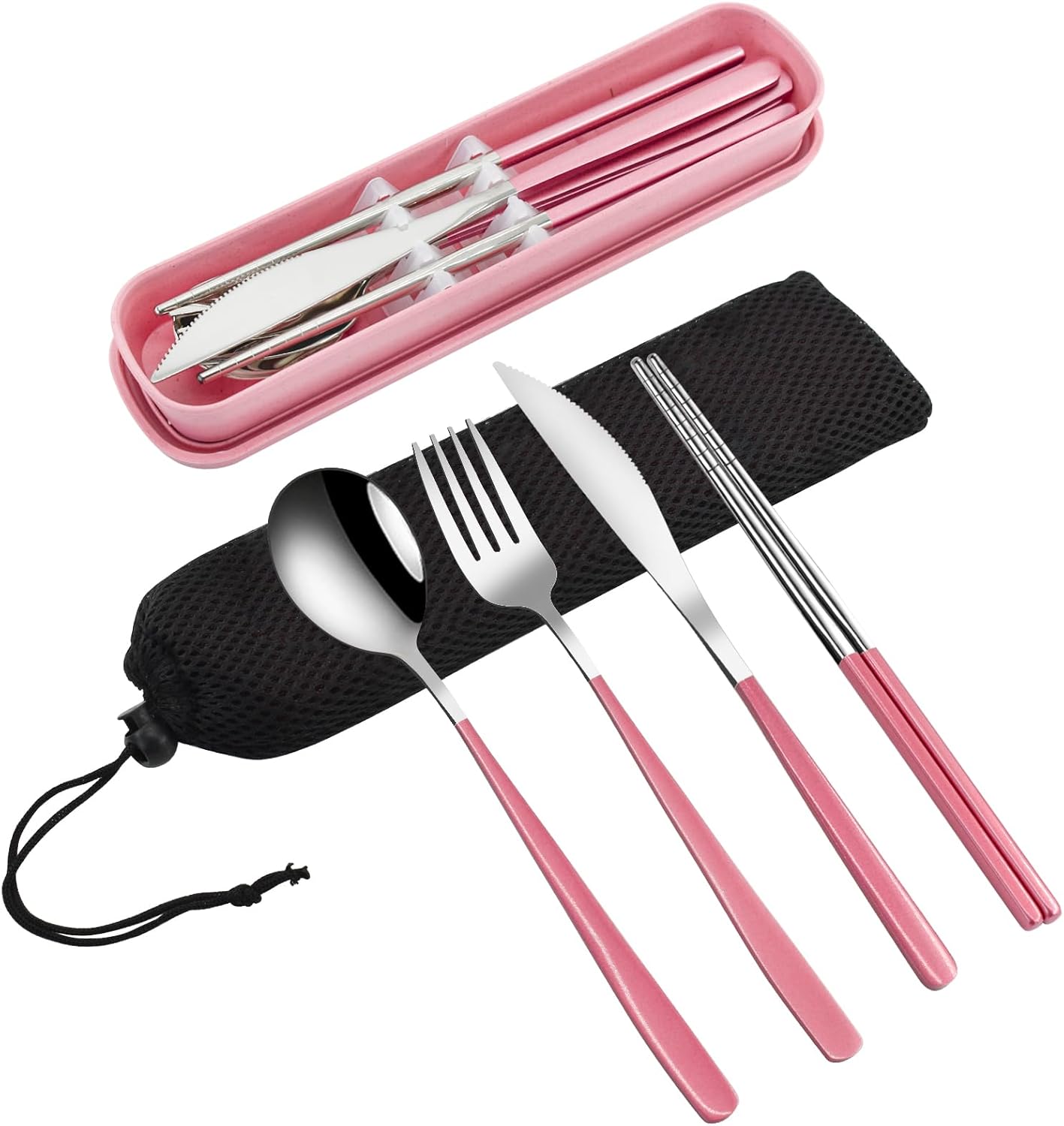 VANRA 4-Piece Portable Travel Utensils Set with Case 18/8 Stainless Steel Flatware Set Reusable Cutlery Set with Fork Spoon Knife Chopstick for Lunch Travel Camping School Work Picnic (Pink)