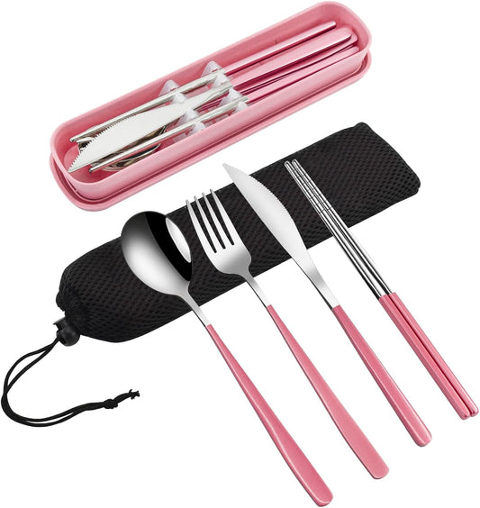 VANRA 4-Piece Portable Travel Utensils Set with Case 18/8 Stainless Steel Flatware Set Reusable Cutlery Set with Fork Spoon Knife Chopstick for Lunch Travel Camping School Work Picnic (Pink)