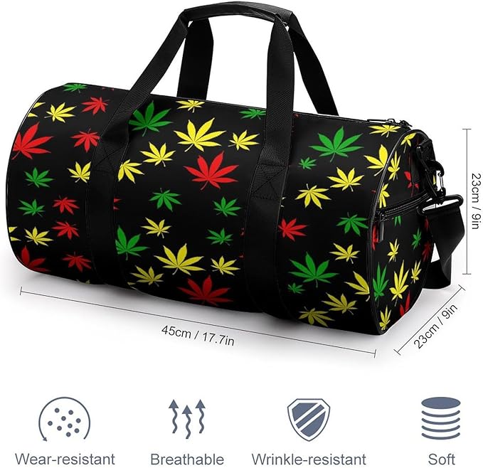 Foldable Gym Bag Rasta Flag Red Yellow Green Jamaican Weedleaf Leaves Black Lightweight Travel Sports Bag Carry On Weekender Overnight Bags Beach Yoga Bags