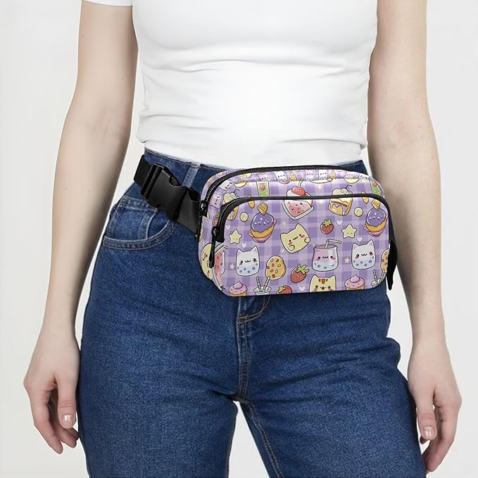 Kawaii Cat Bear Milk Cake Plaid Fanny Pack for Women Men Water Resistant Fashion Waist Packs with Adjustable Strap Belt Bag for Travel Workout Jogging Hiking 21219474