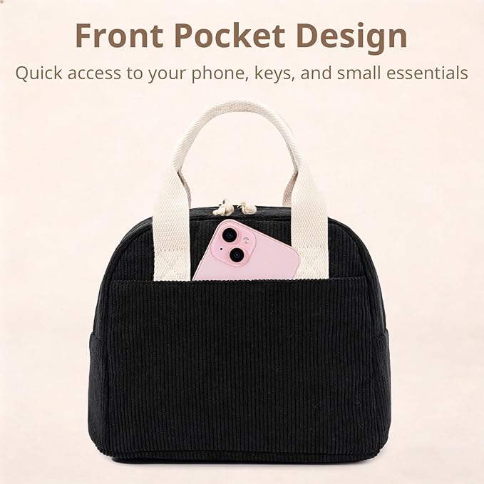 Insulated Lunch Bag for Women Men, Stylish Corduroy Tote Bag with Aluminum Lining, Large Capacity Reusable Cooler for Work, Travel, or Beach, Lunch Box