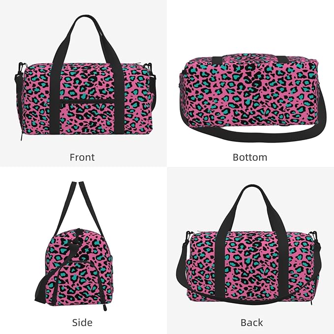 Rose Red Leopard Print Sports Gym Bag For Men Women Travel Duffel Bag With Shoe Compartment Water Resistant Gym Bag Carry On Duffel Bag For Yoga Gym Sports Weekend Traveling