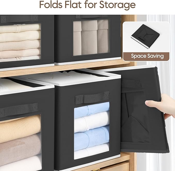 Foldable Storage Cubes - Cubby Storage Organizer with Window, Decorative Baskets for Organizing, Fabric Bins for Clothes Storage, Closet Storage Cubes-11inch, 8 Pack, Black