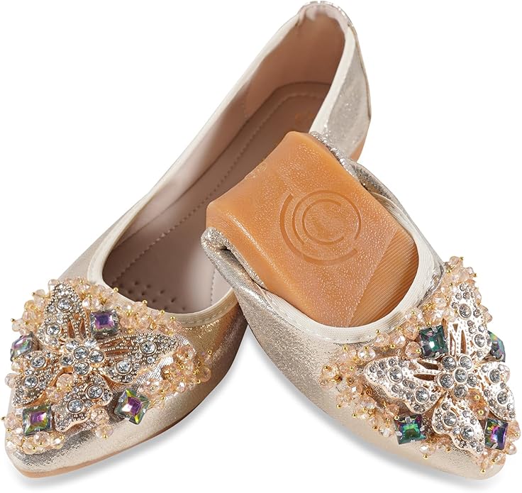 Women Ballet Flats Sparkly Rhinestone Wedding Ballerina Shoes Pointed Toe Foldable Comfort Slip on Flat Dress Shoes