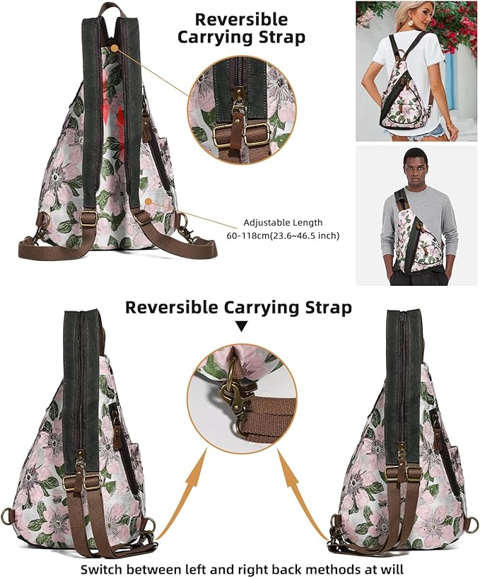 KL928 Canvas Sling Bag - Small Crossbody Backpack Shoulder Casual Daypack Rucksack for Men Women(Embroidery Pink)