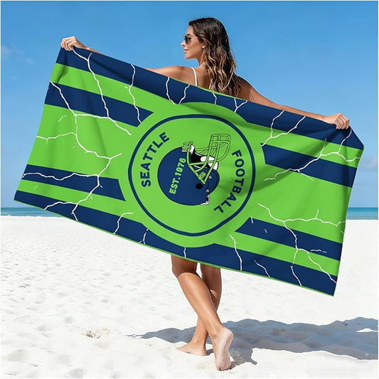 Football Fan Thin Lightweight Microfiber Beach Towel Seattle Themed Quick Dry Absorbent Packable Oversized Towels Men Women Gear Seahawks Team Dad Husband Guy Him Christmas Cool Useful Fun Gifts