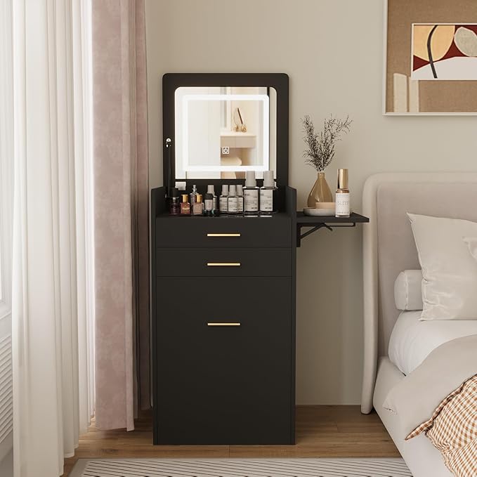 ARTETHYS Small Vanity Desk Set with Flip-top Mirror and Lights Black Integrated 3 in 1 Makeup Vanities Set for Tiny Space Compact Mini Dressing Table with Fold-up Panel and Storage Chair for Bedroom