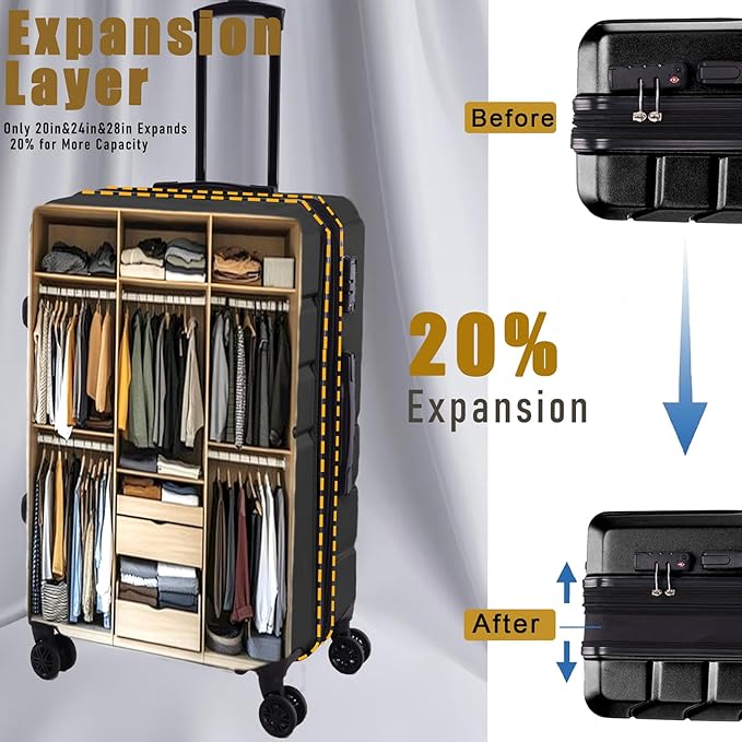 Hoteel Luggage Sets 3 Piece Expandable (4-YEARS WARRANTY) ABS+PC Hardshell Carry On Luggage Airline, Carry on Suitcase with Spinner Wheels & TSA Lock for Travel, Business, Black (20in/DB/TB)