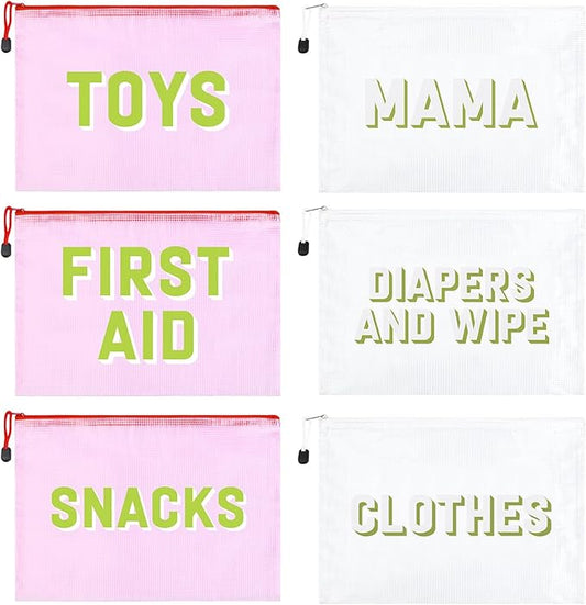 6pcs Hospital Diaper Bag Organizing Pouches for Labor and Delivery, Maternity Essentials Diaper Bag Organizer for Mommy Travel - White/Pink