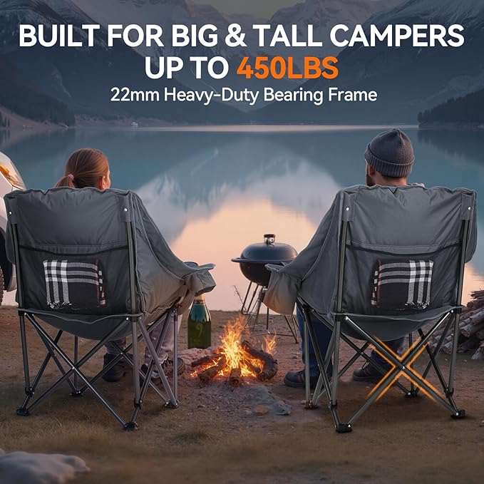 2 Pack Camping Chairs Oversized Padded Camping Chair Heavy-Duty Foldable Camping Chairs with Cup Holder and Cooler Bag Portable Lawn Chair for Sports Outdoors-Support 450LBS, Grey