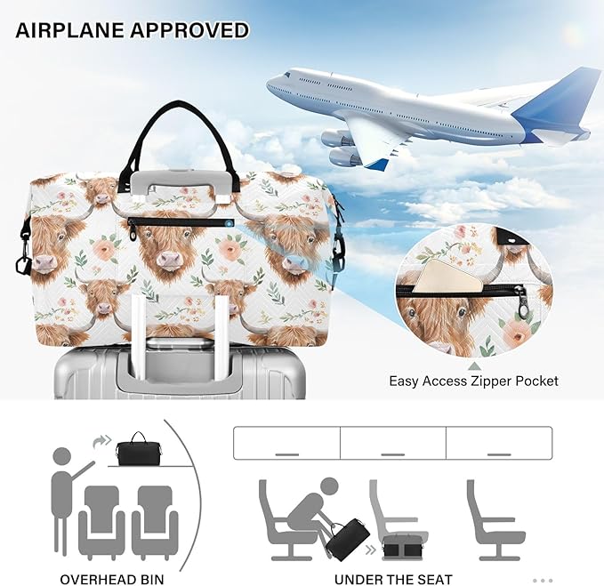 Watercolor Floral Highland Cows Pattern Travel Duffle Bag Gym Yoga Carry on Bags for Men Women Weekender Bag