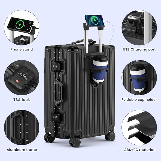 Zipperless Suitcase, 28 Inch Checked Luggage, Hardshell Aluminum Frame Polycarbonate Luggage with Phone Holder, Cup Holder, Charging Port, TSA Lock, Spinner Wheels for Vacations, Black