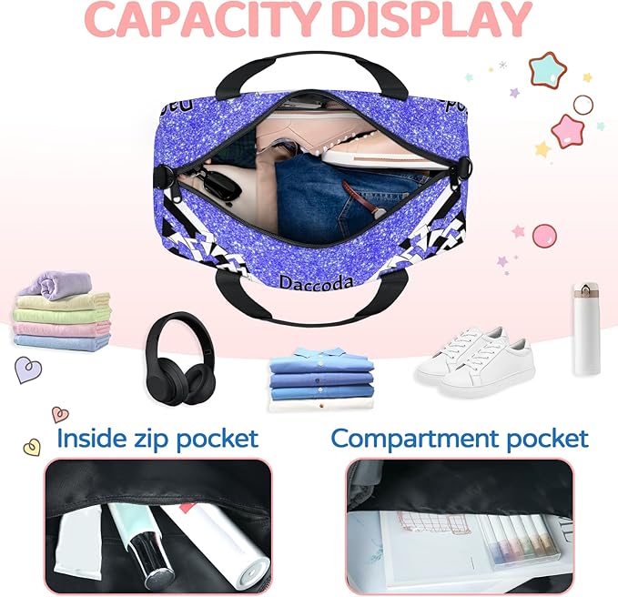 Personalized Ballet Dance Bag, Cheerleading Sport Duffel Tote, Light Blue Glitter Black Cheer Team Customized Travel Duffle Tote with Name Overnight Weekender Perform Cheer Bag