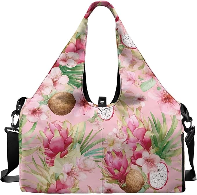 Gym Bag Women with Shoe Compartment, Dragon Fruit Travel Tote Bag with Wet Dry Pocket, Double Zipper, Lightweight Sports Bag for Office Weekend Travel Shopping