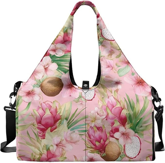Gym Bag Women with Shoe Compartment, Dragon Fruit Travel Tote Bag with Wet Dry Pocket, Double Zipper, Lightweight Sports Bag for Office Weekend Travel Shopping