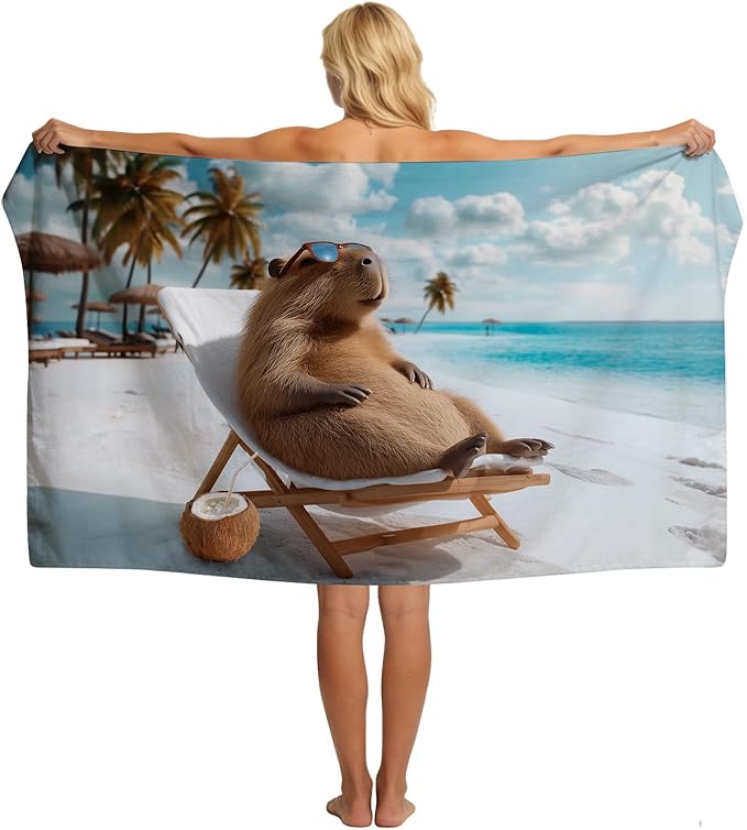 SARA NELL Capybara Beach Towel, Relaxing Tropical Capybara with Sunglasses Print, Summer Pool Beach Towel for Vacation Travel, Soft Quick Dry Lightweight, 32"x52"