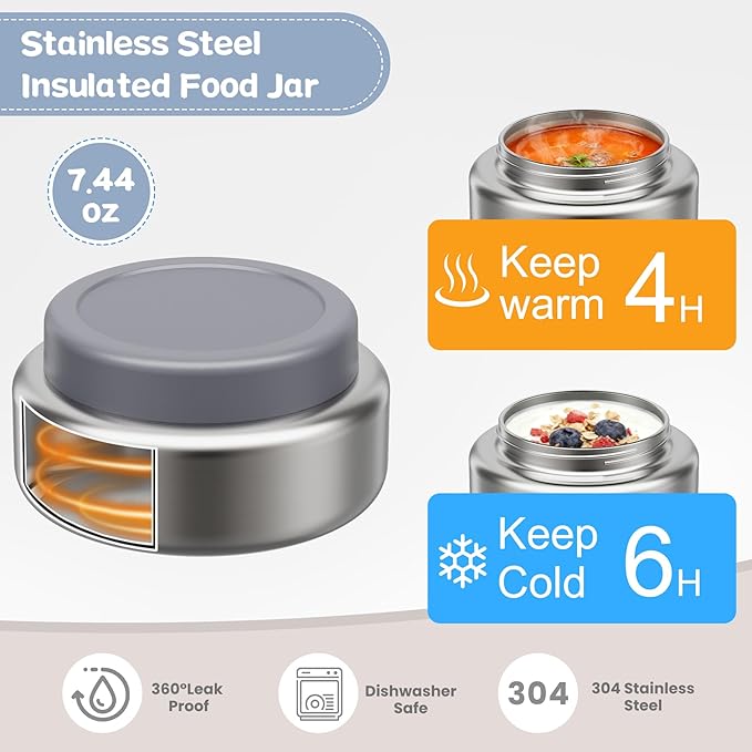 Stainless Steel Bento Box Kids Adult with 7oz Insulated Food Jar, Transparent Lid Metal Lunch Box With Soup Thermal Jar, Lunch Box Container with Removable Divider & Sauce Cup School (Grey)