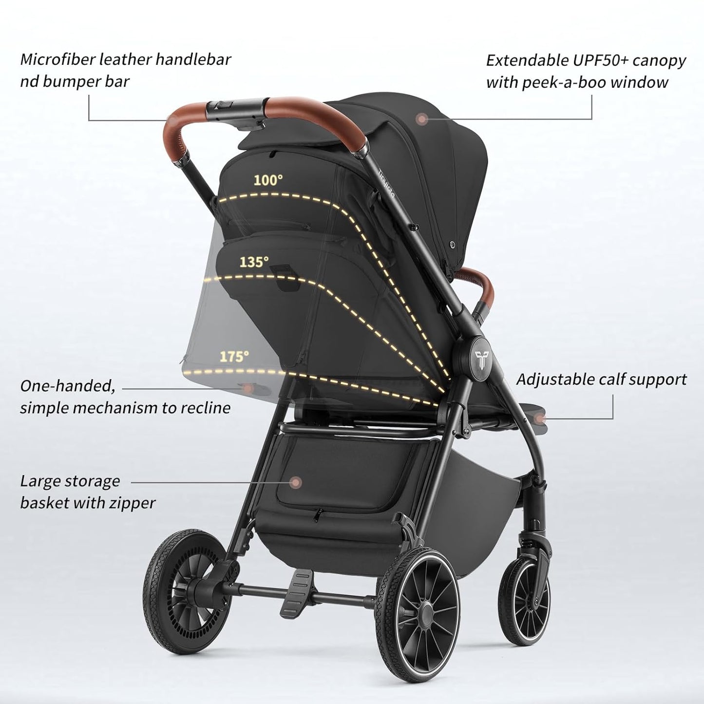 Tinyiota Baby Stroller, Infant Stroller with Large UPF 50+ Canopy,Luxury Pram Strollers with Leather Handle & Spacious Seat, One-Hand Foldable Pushchair, Toddler Carriage with Lie-Flat Mode(Black)