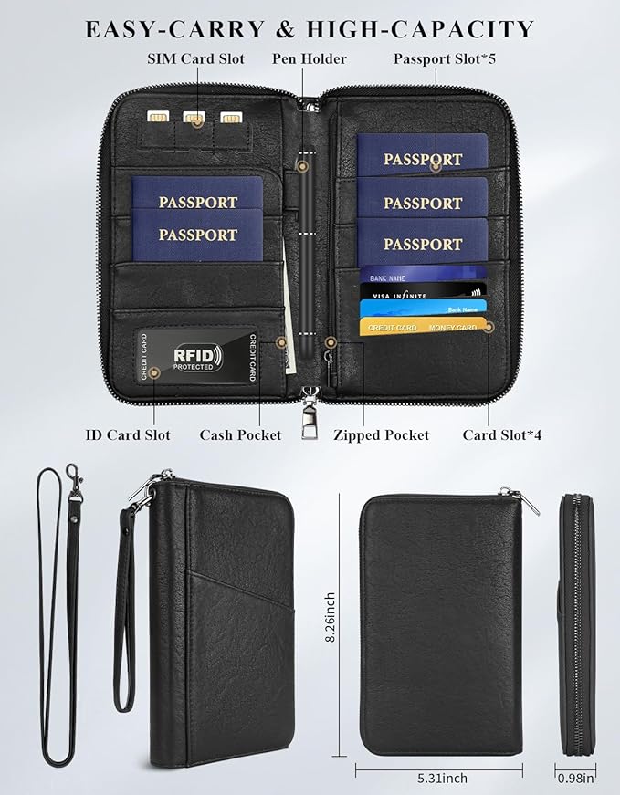 Family Passport Holder Wallet RFID Travel Document Organizer for Women Men, Portable Case Cover for Cards, Boarding Pass with Wrist & Neck Double Strap, Travel Christmas Gifts (Textured Black, 1pack)
