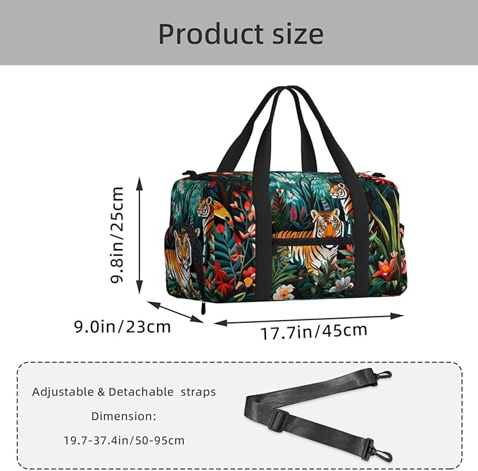 Sports Gym Bag Forest Animals Tiger Floral Travel Duffel Bag With Shoe Compartment Shoulder Strap, Lightweight Water-Resistant Weekend Overnight Totes For Women Men