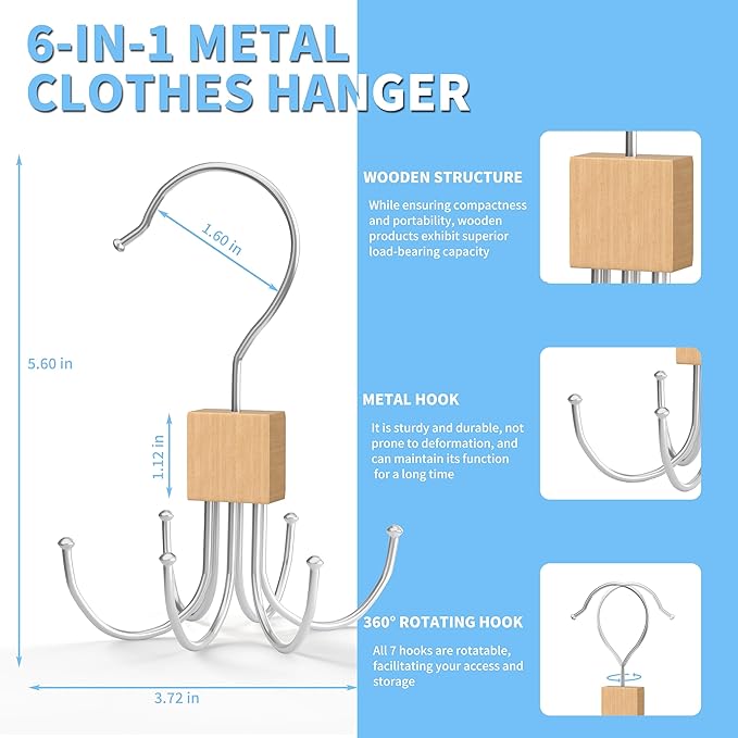 Tank Top Hanger,Rotatable Bra Hanger,Max 18 Storage Capacity Sports Bra Hangers,Space Saving Hangers for Dorm,Closet Organizers and Storage,Closet Organizer for Belt,Scarf, Purse,Wood