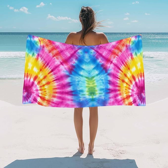 Abstract Tie-Dye Art Beach Towel 30" x 60" Pink Blue Yellow Watercolor Gradient Quick Dry Sand Free Pool Towels Soft & Absorbent Compact Towels Beach Accessories for Travel Bathroom Swimming Pool