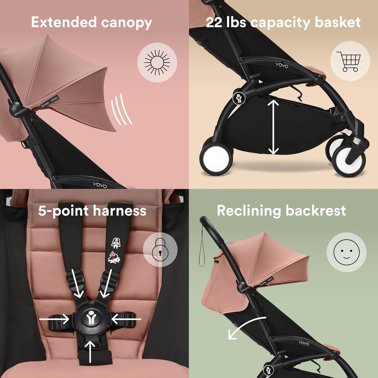 Stokke YOYO3 Stroller from 6 Months - Includes Black Frame/Ginger Seat Cushion + Canopy - Folds in & Out in a Flash - Light & Compact - Carry-On Compatible