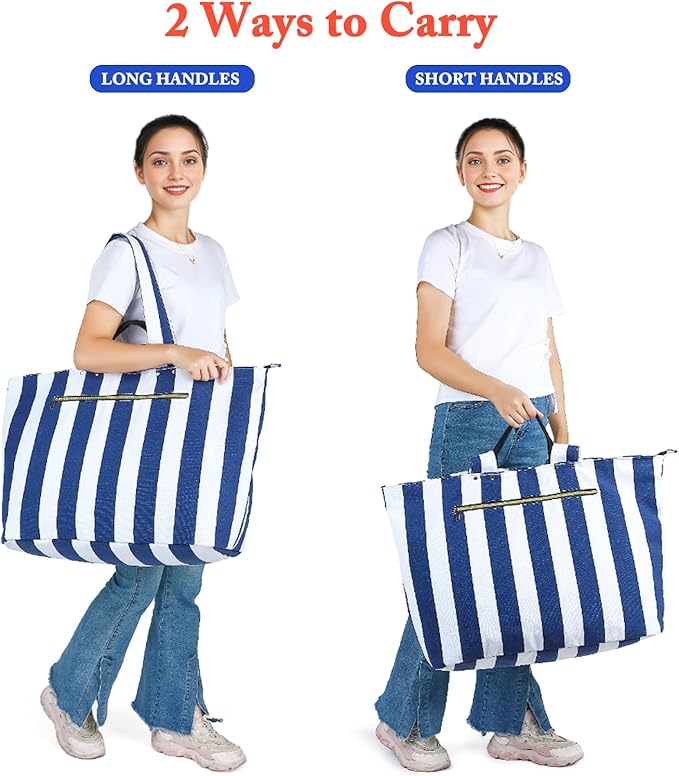 Large Canvas Beach Bag for Women, Beach Bags Waterproof Sandproof with Zipper & Wet Bag Cruise Essentials