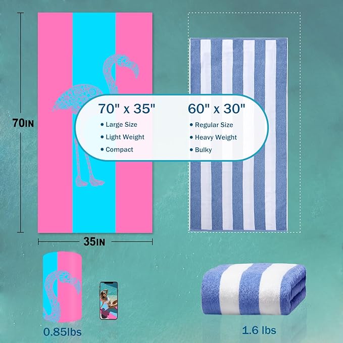 cabanana Microfiber Beach Towels Oversized - Quick Dry Beach Towels, Lightweight Soft for Travel, Large Size 70x35 Pool Towel Beach Essentials (Flamingo Pink)