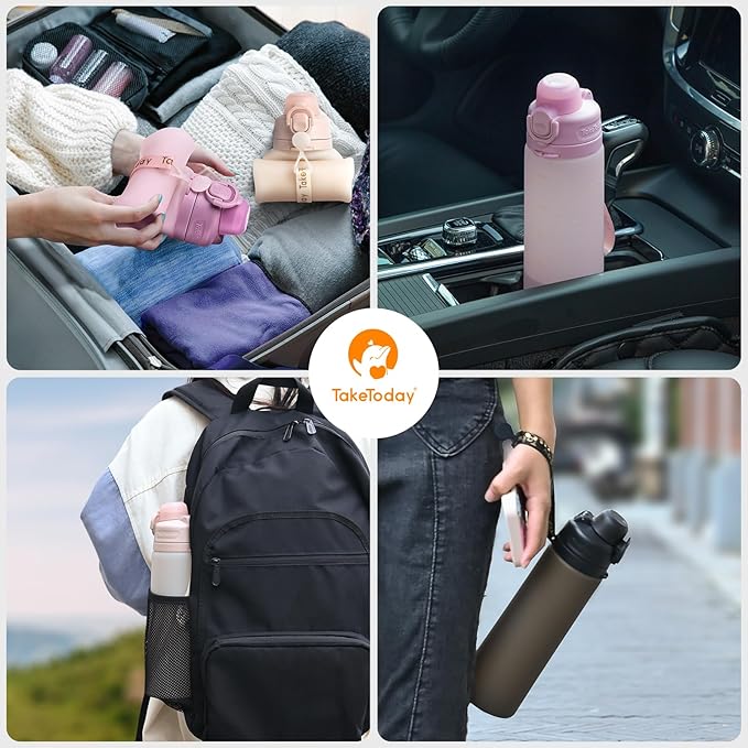 TakeToday Collapsible Water Bottles 20oz (600mL), Foldable Platinum Silicone Travel Water Bottle with Straw & Carry Strap, Leak-Resistant Screw Lid, Wide Mouth, BPA-Free for Hiking, Camping, Travel