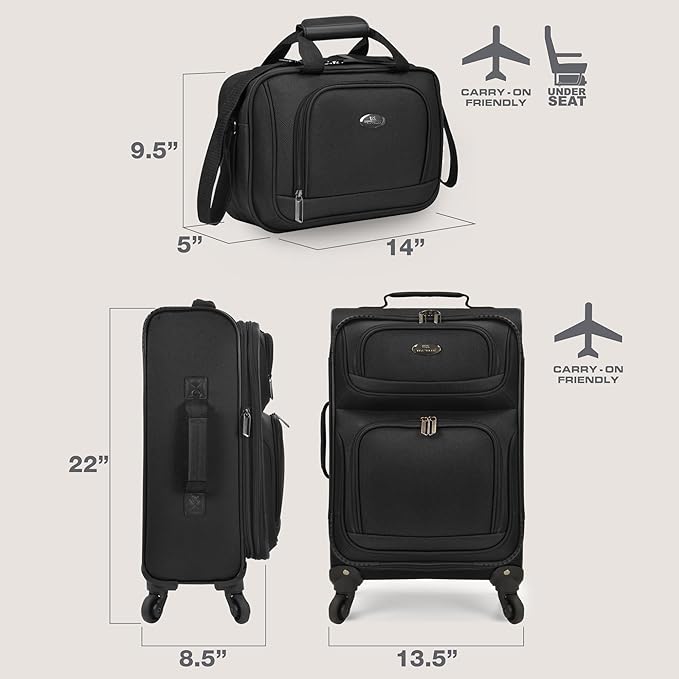 U.S. Traveler Rio Lightweight Softside Rolling Carry-on Suitcase, 4-Wheel Set, Black