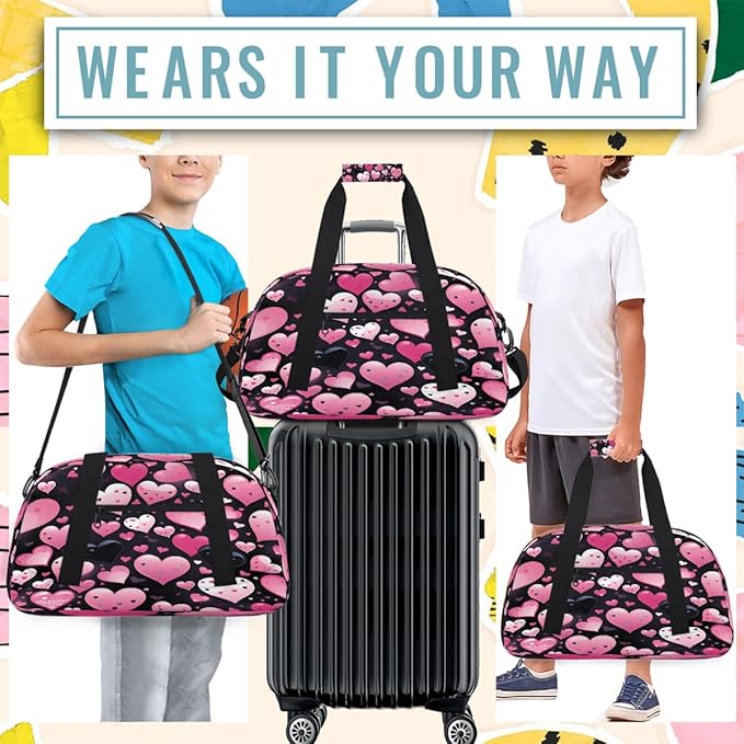 Pink Black Heart Pattern Sports Duffel Bags, Water-Resistant Gym Duffle Bag for Men Women, Lightweight Weekender Overnight Bag for Fitness, Workout, Travel