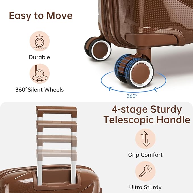 5 Piece Luggage Set Carry on Suitcase with Spinner Wheels, Expandable Hardshell Luggage PP Lightweight Suitcase Set for Women (Mocha)