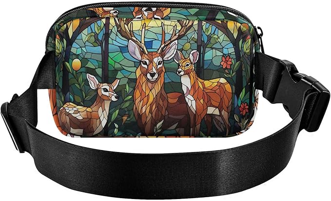 Stained Glass Printed Forest Dear Fanny Pack for Women Men Water Resistant Fashion Waist Packs with Adjustable Strap Belt Bag for Travel Workout Jogging Hiking 21219626