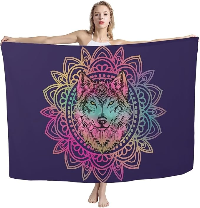 Beach Towel - 66x44 Inch Microfiber Sand Free Quick Dry Towel for Camping, Travel, Swimming, Pool – Lightweight Fast Drying Towel Compact for Adults Size S, Mandala Wolf Pattern Print