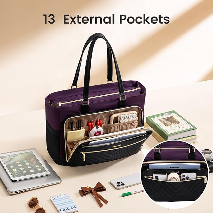 LOVEVOOK Tote Bag, Laptop Bag for Women with Large Cup Holder, Work Teacher Tote Bag with Large Cup Holder, Nurse Diaper Bag for Travel, Women's Handbags for Teacher gift, Black-Purple, 15.6 Inch
