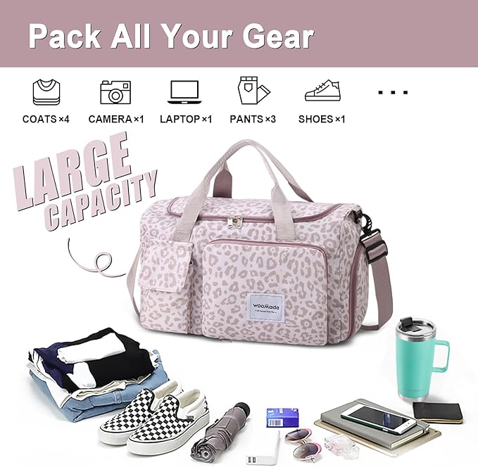 WOOMADA Foldable Travel Duffel Bag with Shoes Compartment, Overnight Bag with Wet Pocket & Trolley Sleeve, Weekender Bags for Women(A-pink leopard)