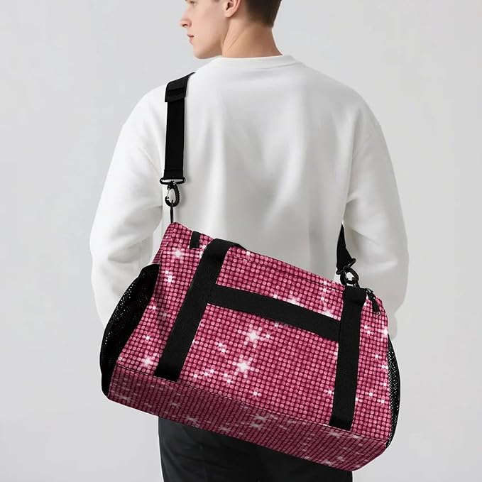 Pink Sparkly Print Personalized Duffel Sports Bag with Name Custom Weekender Overnight Bag Gym Bag Travel Duffel Bag