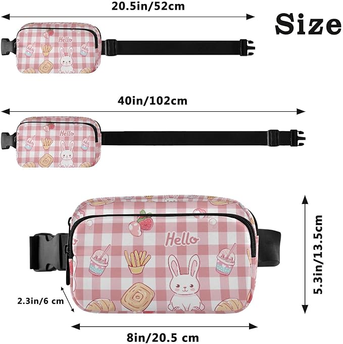 Kawaii Pink Checkered Bunny French Fries Fanny Pack for Women Men Water Resistant Fashion Waist Packs with Adjustable Strap Belt Bag for Travel Workout Jogging Hiking 21219121